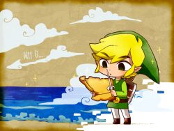 Rule 34 | 1boy, :o, bebe 0620, belt, blonde hair, boots, brown belt, brown footwear, cloud, commentary request, full body, green eyes, green hat, green tunic, hat, holding, link, long sleeves, male focus, map, nintendo, pointy ears, shield, shield on back, standing, swept bangs, sword, sword on back, the legend of zelda, the legend of zelda: the wind waker, toon link, tunic, water, weapon, weapon on back