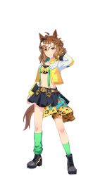Rule 34 | 1girl, ahoge, animal ears, arm up, bad link, belt, black footwear, black skirt, bow, brown hair, earrings, full body, game model, green socks, grin, hair between eyes, hair ornament, hairclip, highres, horse ears, horse girl, horse tail, jacket, jewelry, jungle pocket (umamusume), long sleeves, loose socks, midriff, navel, notched ear, official art, open clothes, open jacket, shadow, single earring, skirt, smile, socks, solo, suspenders, tachi-e, tail, transparent background, umamusume, v-shaped eyebrows, wavy hair, x hair ornament, yellow bow, yellow eyes, yellow jacket