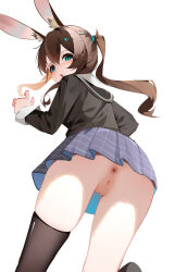 1girl absurdres amiya_(arknights) animal_ear_fluff animal_ears anus aqua_eyes aqua_ribbon arknights ass asymmetrical_legwear black_sailor_collar black_shirt black_thighhighs blush brown_hair censored censored_anus chinese_commentary commentary_request double-parted_bangs feet_out_of_frame film_grain foot_up from_behind grid_print hair_between_eyes hair_ribbon hand_up highres long_bangs long_hair looking_at_viewer looking_back mosaic_censoring no_panties no_tail parted_lips ponytail purple_skirt pussy rabbit_ears rabbit_girl ribbon sailor_collar school_uniform serafuku shenmi_de_xigua shirt simple_background single_thighhigh skirt solo standing thighhighs turning_head upskirt variant_set white_background