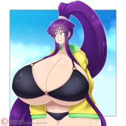 1girl absurdres artist_name bikini black_bikini blue_background bow breasts crysnickel eiken female_focus gigantic_breasts grin highres long_hair looking_to_the_side matching_hair/eyes misono_kirika o-ring o-ring_bikini ponytail purple_eyes purple_hair shiny_skin smile solo standing swimsuit thick_thighs thighs underboob very_long_hair white_bow wide_hips