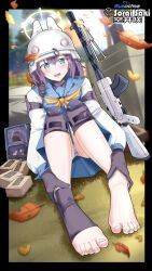 1girl animal_ear_headwear animal_ears autumn autumn_leaves barefoot black_border black_gloves blue_archive blue_eyes blue_serafuku blue_skirt border character_name fake_animal_ears feet foot_focus gloves gun halo helmet jungui_117 lahti-saloranta_m/26 leaf long_sleeves looking_at_viewer neckerchief open_mouth outdoors panties purple_hair saki_(blue_archive) school_uniform serafuku short_hair single_sock skirt socks solo stirrup_legwear teeth toeless_legwear toes underwear upper_teeth_only weapon white_panties yellow_neckerchief