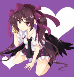 1girl absurdres bird_wings black_necktie black_skirt black_socks black_wings brown_hair cellphone collared_shirt commentary_request feathered_wings flip_phone frilled_shirt_collar frilled_skirt frills g-kotone1001 hair_ribbon hat heart highres himekaidou_hatate kneehighs long_hair loose_necktie miniskirt necktie parted_lips phone puffy_short_sleeves puffy_sleeves purple_background purple_ribbon purple_skirt ribbon shirt short_sleeves sitting skirt socks solo tokin_hat touhou wariza white_shirt wings