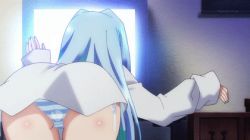 Rule 34 | 10s, 1girl, animated, animated gif, anime screenshot, ass, ass shake, blue hair, blue panties, cube x cursed x curious, fear kubrick, female focus, long hair, lowres, no pants, panties, shirt, side-tie panties, solo, striped clothes, striped panties, television, underwear, watching television
