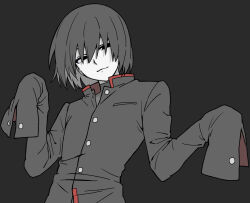 1boy black_eyes black_hair black_undershirt bob_cut closed_mouth collared_shirt empty_eyes hair_between_eyes long_sleeves looking_at_viewer male_focus monogatari_(series) naoetsu_high_school_uniform oshino_ougi pale_skin school_uniform shirt short_hair simple_background sleeves_past_fingers sleeves_past_wrists smile solo tagme upper_body yomei_(r_kome2)
