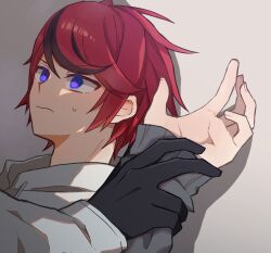 2boys aotsuki_eito black_gloves black_hair blue_eyes closed_mouth fingernails frown gloves hair_between_eyes highres long_sleeves male_focus messy_hair multicolored_eyes multicolored_hair multiple_boys pinned pinned_down red_eyes red_hair simple_background solo_focus sumino_takumi sweat sweatdrop the_hundred_line_-last_defense_academy- upper_body white_background