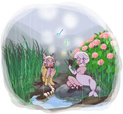 2girls alternate_costume animal_ears black_footwear black_hair blonde_hair blush boots brown_hair cat_ears cat_girl cat_tail closed_eyes fangs fins flower geoffroy&#039;s_cat_(kemono_friends) gladiator_sandals grass hair_between_eyes harp harp_seal_(kemono_friends) head_fins highres instrument kemono_friends long_hair long_sleeves multicolored_hair multiple_girls music musical_note open_mouth rain raincoat rubber_boots sandals short_hair sidelocks singing sitting squatting tail twintails un_u_334211 white_hair yellow_boots yellow_raincoat