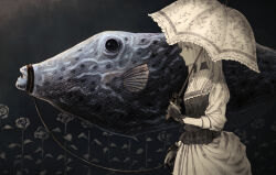 1girl animal black_background black_gloves commentary_request cowboy_shot dress filefish fish flower from_side gloves holding holding_leash holding_umbrella leash long_hair long_sleeves original oversized_animal profile rose solo standing umbrella white_dress white_hair white_umbrella yu_(lovepayon)
