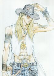 Rule 34 | 1boy, abs, arm at side, arm tattoo, bare arms, bare shoulders, belt, black belt, black hat, blonde hair, blue pants, chin strap, cowboy, cowboy hat, cowboy shot, denim, fate/grand order, fate (series), game cg, gun, hair over shoulder, hand on headwear, hat, holstered, jeans, jewelry, long hair, looking at viewer, male focus, necklace, no shirt, official art, open clothes, open vest, orange-tinted eyewear, pants, parted lips, sho-u tajima, shoulder tattoo, simple background, solo, stomach tattoo, sunglasses, tattoo, tezcatlipoca (fate), tezcatlipoca (wild gunman) (fate), third-party source, tinted eyewear, vest, weapon, western, white background, white vest