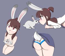 1girl absurdres all_fours animal_ears ass breasts brown_hair cleavage female_focus grey_background highres kagari_atsuko little_witch_academia medium_breasts nude panties ponytail pudgeruffian rabbit rabbit_ears rabbit_tail red_eyes short_hair short_ponytail solo tail tail_wagging underwear