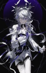 1boy closed_mouth grey_hair hand_on_own_chest highres jacket looking_at_viewer male_focus original purple_eyes qing_yan_xia shorts solo thorns white_jacket white_shorts yellow_eyes