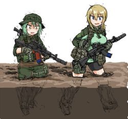 2girls dutchko gun lita_(dutchko) military_uniform mud multiple_girls russia simple_background vesna_(dutchko)
