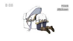 1girl anachronism black_pantyhose boots brown_boots capelet fake_screenshot frieren frieren_stuck_in_a_mimic_(meme) grey_hair highres jacket kneeling leaning_forward long_hair long_sleeves meme miniskirt omachi_(slabco) pantyhose skirt solo sousou_no_frieren stuck toilet translated twintails white_background white_capelet white_jacket white_skirt
