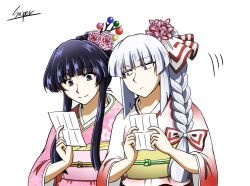 2girls alternate_costume alternate_hairstyle artist_name black_eyes black_hair braid branch closed_mouth commentary_request flower fujiwara_no_mokou grey_hair hair_branch hair_flower hair_ornament hairstyle_request holding holding_paper houraisan_kaguya japanese_clothes jeweled_branch_of_hourai kimono long_hair long_sleeves motion_lines multicolored_kimono multiple_girls obi obiage obijime paper pink_kimono red_eyes red_kimono sash signature smile sniper16783072 touhou white_kimono wide_sleeves