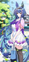 1girl absurdres acaa animal_ears black_thighhighs blue_hair character_request commission highres horizontal-striped_skirt house red_eyes school_uniform skirt smile solo striped_clothes striped_skirt thighhighs tracen_school_uniform tree umamusume white_skirt