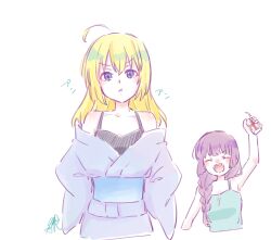 :d :t ^_^ absurdres ahoge arm_up bare_arms bare_shoulders bendy_straw blonde_hair blue_eyes blue_kimono bocchi_the_rock! character_request check_character closed_eyes closed_mouth collarbone cropped_torso dress drinking_straw green_dress hair_between_eyes highres hiroi_kikuri holding ijichi_seika japanese_clothes kimono looking_at_viewer obi off_shoulder open_mouth sash seila_rei sharp_teeth simple_background smile teeth upper_body v-shaped_eyebrows white_background