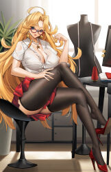 Rule 34 | 1girl, ahoge, blonde hair, blue eyes, breasts, cleavage, earrings, glasses, high chair, high heels, highres, jewelry, kamen america, kamen america (comic), lamp, large breasts, legs, long hair, looking at viewer, made in 2023, mannequin, necklace, open mouth, pearl necklace, plant, pleated skirt, red-framed eyewear, short sleeves, skirt, solo, star (symbol), table, thighhighs, tony guisado, very long hair, window