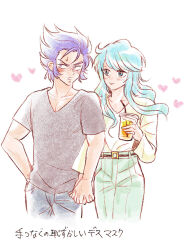 2boys alternate_costume averting_eyes blue_eyes blue_hair blush cancer_death_mask casual couple cup disposable_cup drink drinking_straw green_pants grey_shirt heart highres holding holding_cup holding_drink holding_hands light_smile long_hair long_sleeves looking_at_another looking_to_the_side male_focus multiple_boys pants pisces_aphrodite saint_seiya shirt short_hair short_sleeves spiked_hair translation_request trap user_evep5845 v-neck white_background yaoi