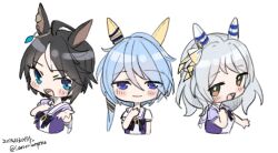 Rule 34 | 3girls, ahoge, animal ears, aqua eyes, black bow, black bowtie, black hair, blue eyes, blue hair, blush, bow, bowtie, brown eyes, chibi, chibi only, chinese commentary, commentary request, cropped torso, dated, ear covers, fuji kiseki (umamusume), grey hair, hand on own chest, hishi miracle (umamusume), horse ears, horse girl, k.s.miracle (umamusume), looking at viewer, mixed-language commentary, multicolored hair, multiple girls, saramiao-chan, school uniform, simple background, streaked hair, tracen school uniform, twitter username, two-tone hair, umamusume, white background, white hair