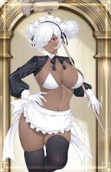 1girl apron areola_slip bikini black_thighhighs breasts broom cowboy_shot dark-skinned_female dark_skin detached_collar door double_bun gloves hair_bun hair_over_one_eye hand_on_own_hip hataraki_kuma highres large_breasts light_smile looking_at_viewer maid maid_apron maid_headdress navel one_eye_covered original red_eyes shrug_(clothing) solo stomach swimsuit thighhighs very_dark_skin white_bikini white_gloves white_hair