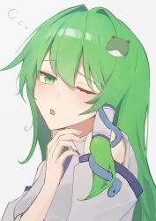1girl absurdres bare_shoulders collared_shirt detached_sleeves double-parted_bangs frog_hair_ornament green_eyes green_hair hair_intakes hair_ornament hair_tubes hand_on_own_chin highres kochiya_sanae light_blush long_hair long_sleeves looking_at_viewer one_eye_closed open_mouth palulap shirt simple_background single_hair_tube single_sidelock sleepy sleeveless sleeveless_shirt snake_hair_ornament solo squeans touhou upper_body white_background wide_sleeves