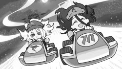 2girls ^_^ absurdly_long_hair ahoge aris_(blue_archive) blue_archive newsboy_cap closed_eyes commentary demon_girl demon_horns driving go-kart greyscale hair_between_eyes halo hat hina_(blue_archive) horns long_bangs long_hair long_hair_between_eyes looking_at_another looking_at_viewer mario_(series) mario_kart mildtaste monochrome multiple_girls nintendo parted_bangs rainbow_road sidelocks sky star_(sky) starry_sky symbol-only_commentary very_long_hair wavy_hair