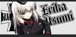 Rule 34 | arm support, blue eyes, colored skin, cross, emblem, english text, girls und panzer, grey hair, itsumi erika, kamishima kanon, kuromorimine (emblem), kuromorimine military uniform, long hair, looking at viewer, red shirt, shirt, white background, white skin