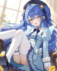1girl :o ahoge amamiya_kokoro amamiya_kokoro_(1st_costume) aria_(ariacue) bell beret black_hat black_shoes blue_bow blue_bowtie blue_dress blue_hair blush bow bowtie breasts buttons commentary couch dress fake_wings frilled_dress frills hair_bell hair_between_eyes hair_ornament hair_ribbon hairclip hat highres jingle_bell juliet_sleeves knees_up long_hair long_sleeves looking_at_viewer neck_bell nijisanji on_couch open_mouth puffy_sleeves ribbon school_emblem shirt shoes sleeve_cuffs small_breasts solo symbol-only_commentary thigh_strap thighhighs two_side_up virtual_youtuber white_shirt white_sleeve_cuffs white_thighhighs wings wrist_cuffs x_hair_ornament yellow_eyes