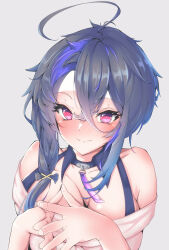 1girl ahoge azur_lane bare_shoulders black_hair blue_hair blush breasts closed_mouth collarbone crossed_bangs foch_(azur_lane) grey_background hair_between_eyes highres large_breasts long_hair medium_breasts mizuki_kakeru_(bukkake_runrun_tei) multicolored_hair off_shoulder pink_eyes solo steepled_fingers streaked_hair