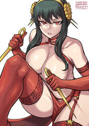 1girl black_hair breasts convenient_arm convenient_censoring dagger gloves hairband knife large_breasts loincloth looking_at_viewer nude parted_lips red_eyes redjet simple_background solo spy_x_family weapon white_background yor_briar