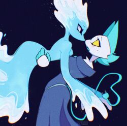 2girls acinaces animal_ears artist_name black_eyes blue_dress blue_tail blush cable cable_tail cat_girl commentary deltarune dress electric_plug electric_plug_tail english_commentary furry furry_female hand_on_another&#039;s_hip highres mechanical_tail miss_mizzle monster_girl multiple_girls rayman_limbs slime_girl solid_eyes tail tasque_manager water yellow_eyes yuri