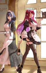 Rule 34 | 2girls, absurdres, ankle garter, apron, ass, black dress, black shoes, black thighhighs, blue eyes, blue hair, bottle, braid, breasts, bucket, champagne bottle, champagne flute, cleavage, colored inner hair, crinoline, cup, door, double-parted bangs, dress, drinking glass, frilled hairband, frills, garter straps, gbk43023471, hairband, halo, heterochromia, highres, holding, holding bottle, holding tray, hololive, hololive english, indoors, irys (hololive), irys (maid) (hololive), juliet sleeves, large breasts, long dress, long hair, long sleeves, looking at viewer, low twin braids, maid, maid apron, maid headdress, medium breasts, multicolored hair, multiple girls, ouro kronii, ouro kronii (maid), parted bangs, pink hair, platform heels, platform shoes, pointy ears, puffy sleeves, red eyes, red hair, ringlets, shoes, short dress, side slit, sunlight, thighhighs, tray, twin braids, virtual youtuber, white thighhighs, wide sleeves