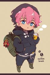 1boy arm_up bag black_hair black_hoodie black_pants blue_eyes boots charm_(object) coffee_beans commentary_request cup deformed disposable_coffee_cup disposable_cup dot_nose duffel_bag english_text full_body green_boots guel_jeturk gundam gundam_suisei_no_majo hand_in_pocket highres holding holding_cup hood hood_down hoodie letterboxed looking_at_viewer male_focus multicolored_hair open_mouth pants pink_hair solo sorahuri standing