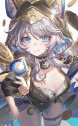 Rule 34 | 1girl, absurdres, animal ears, animal hood, belt, black gloves, black leotard, blue eyes, breasts, cat ears, cat girl, cat hood, cat tail, cipher (honkai: star rail), cleavage, coin, fang, fingerless gloves, gloves, gold coin, grey hair, highres, honkai: star rail, honkai (series), hood, hooded leotard, large breasts, leotard, looking at viewer, mole, mole on breast, por ( por tt), short hair with long locks, skin fang, solo, tail, thigh belt, thigh strap, thighs, yellow nails