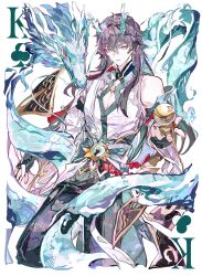 Rule 34 | 1boy, absurdres, arm up, asymmetrical sleeves, belt, black gloves, black hair, black pants, card, cleavage cutout, clothing cutout, club (shape), cocoballking, commentary, cropped legs, dan heng (honkai: star rail), dan heng (imbibitor lunae) (honkai: star rail), detached sleeves, dragon, dragon boy, dragon horns, earrings, eyeliner, fingerless gloves, fingernails, gloves, green eyes, green hair, hair between eyes, highres, holding, honkai: star rail, honkai (series), horns, hydrokinesis, jewelry, long hair, looking at viewer, makeup, male focus, mandarin collar, multicolored hair, official alternate costume, open mouth, orb, pants, piercing, playing card, red eyeliner, red hair, shirt, single bare shoulder, single detached sleeve, solo, streaked hair, water, white background, white shirt, wide sleeves