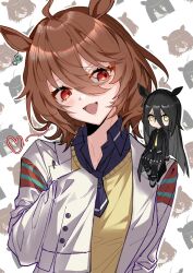 2girls agnes_tachyon_(umamusume) ahoge animal_ears black_coat black_hair blue_shirt blush breasts brown_hair coat collared_shirt earrings frown hair_between_eyes hand_up heart highres horse_ears horse_girl jewelry lab_coat long_hair long_sleeves manhattan_cafe_(umamusume) mini_person minigirl multiple_girls necktie ninaki999 open_clothes open_coat open_mouth pen red_eyes shirt short_hair short_necktie single_earring sleeves_past_fingers sleeves_past_wrists small_breasts smile sweater umamusume upper_body yellow_eyes yellow_sweater
