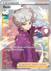 Rule 34 | 1boy, artist name, bede (pokemon), card (medium), character name, coat, company name, copyright name, copyright notice, curly hair, dynamax band, english text, eyelashes, fingerless gloves, gloves, grey hair, male focus, nintendo, official art, pokemon, pokemon card, pokemon swsh, pokemon tcg, purple coat, purple eyes, saitou naoki, short hair, single fingerless glove, solo, third-party source, trading card, v-shaped eyebrows