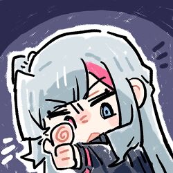 1girl animated animated_gif blue_eyes chibi chibi_only chinese_commentary cui_pi_zha_xia_qiu girls&#039;_frontline girls&#039;_frontline_neural_cloud grey_hair heterochromia kuro_(neural_cloud) lowres mdr_(girls&#039;_frontline) official_art pink_hair pointing pointing_at_viewer red_eyes second-party_source solo