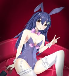 animal_ears blue_hair bow bowtie breasts brown_eyes card casino catssoft1 clover_hair_ornament date_a_live detached_collar fake_animal_ears four-leaf_clover_hair_ornament garter_straps genderswap genderswap_(mtf) hair_ornament highres itsuka_shiori leotard medium_breasts playboy_bunny rabbit_ears strapless strapless_leotard thighhighs v wrist_cuffs