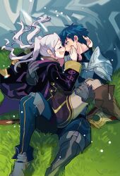 1boy 1girl armor black_robe blue_eyes blue_hair boots braid brown_boots carrying chrom_(fire_emblem) closed_eyes commentary_request couple falchion_(fire_emblem) female_robin_(fire_emblem) fire_emblem fire_emblem_awakening gloves grass grey_gloves hand_on_another&#039;s_cheek hand_on_another&#039;s_face happy happy_tears hetero highres hooded_robe knee_boots kurimori long_hair long_sleeves nintendo on_grass open_mouth pants princess_carry robe short_hair shoulder_armor sitting smile tears tongue twintails white_hair white_pants