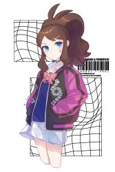 1girl absurdres bandaid bandaid_on_face blue_eyes blue_sweater blush bow bowtie breasts brown_hair choker closed_mouth collared_shirt high_ponytail highres hilda_(pokemon) jacket long_hair long_sleeves looking_at_viewer marnie_(academy)_(pokemon) marnie_(pokemon) nintendo open_clothes open_jacket pink_bow pink_bowtie pokemon pokemon_bw pokemon_masters_ex ponytail ryusa_(gjgd7445) school_uniform shirt sidelocks skirt solo sweater white_shirt white_skirt