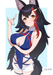 Rule 34 | 1girl, animal ear fluff, animal ears, arm under breasts, artist name, bare arms, black hair, blue one-piece swimsuit, border, breasts, cleavage, closed mouth, commentary, covered navel, cowboy shot, dot nose, double-parted bangs, english commentary, fox shadow puppet, hand up, highleg, highres, hololive, jdpr, large breasts, legs together, looking at viewer, micro shorts, multicolored hair, one-piece swimsuit, ookami mio, red hair, shadow, shorts, smile, solo, split mouth, swimsuit, thigh strap, two-tone background, two-tone hair, virtual youtuber, white border, white shorts, wolf ears, wolf girl, yellow eyes