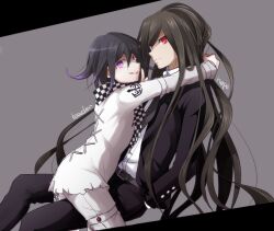 Rule 34 | 2boys, arm around neck, black hair, black jacket, black necktie, black pants, brown hair, checkered clothes, checkered scarf, collared shirt, commentary request, danganronpa (series), danganronpa 2: goodbye despair, danganronpa v3: killing harmony, english text, flipped hair, formal clothes, from side, grey background, hair between eyes, hand in pocket, hope&#039;s peak academy school uniform, index finger raised, invisible chair, jacket, kamukura izuru, long hair, long sleeves, looking at viewer, male focus, messy hair, multiple boys, necktie, oma kokichi, open clothes, open jacket, open mouth, pants, partial commentary, purple eyes, purple hair, red eyes, scarf, school uniform, shirt, short hair, sitting, smile, thigh strap, toritodon goldseries, two-tone scarf, very long hair, white shirt