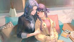 2girls blue_eyes blue_hair buttons closed_mouth copyright_name couch cup drink hair_ornament hairclip hand_on_another&#039;s_arm highres holding holding_cup holding_drink light_smile long_hair love_curse:_find_your_soulmate magazine_(object) multicolored_hair multiple_girls non-web_source official_art on_couch orange_eyes pale_skin pillow pink_sweater purple_hair selene_yan short_sidetail side_ponytail sleeves_past_wrists small_sweatdrop striped_clothes sweater turtleneck two-tone_hair upper_body vase vertical-striped_clothes victoria_qi yuri