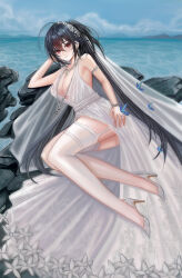 1girl ahoge azur_lane backless_dress backless_outfit bare_shoulders black_hair blue_sky breasts center_opening cleavage cocktail_dress commentary_request diaoao_bugaoxing dress earrings evening_gown flower full_body garter_straps hair_between_eyes hair_flower hair_ornament hand_in_own_hair highres huge_ahoge jewelry large_breasts long_hair looking_at_viewer lying ocean official_alternate_costume on_side outdoors plunging_neckline red_eyes ring shoes silver_shoes sky sleeveless sleeveless_dress solo taihou_(azur_lane) taihou_(temptation_on_the_sea_breeze)_(azur_lane) thighhighs very_long_hair water wedding_ring white_dress white_flower white_garter_straps white_thighhighs