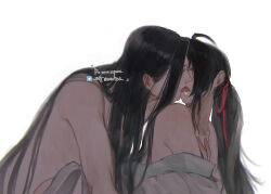1010923 2boys absurdres ahoge alternate_costume anal bare_shoulders bathrobe black_hair blush chinese_clothes clothed_male_nude_male clothes_down french_kiss grey_eyes hair_ribbon half-closed_eyes hand_on_another&#039;s_chest hanfu highres implied_sex kiss lan_wangji long_hair looking_at_another lying male_focus modao_zushi multiple_boys nude off_shoulder open_clothes open_mouth open_robe partially_undressed ponytail red_ribbon ribbon robe saliva sex sex_from_behind sidelocks simple_background tongue tongue_out twitter_username upper_body watermark wei_wuxian white_background white_robe yaoi