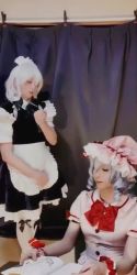 2girls animated apron ascot balloon blue_hair book braid cosplay hair_between_eyes hat highres horse_mask izayoi_sakuya izayoi_sakuya_(cosplay) light_blue_hair maid maid_apron maid_headdress mask mob_cap multiple_girls open_book photo_(medium) reading red_ascot remilia_scarlet remilia_scarlet_(cosplay) short_sleeves sitting sound standing touhou video video what white_hair white_legwear wrist_cuffs yamatakae