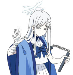 bandaged_arm bandaged_hand bandages blue_archive blue_bow bow closed_mouth colored_eyelashes colored_skin commentary_request flower grey_eyes hair_flower hair_ornament halo holding holding_weapon long_hair looking_at_viewer nagusa_(blue_archive) nunchaku nyaru_(nyaru_4126) pleated_skirt sailor_collar school_uniform serafuku shirt simple_background skirt weapon white_background white_flower white_hair white_sailor_collar white_serafuku white_shirt white_skin white_skirt