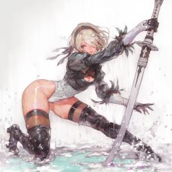 2b_(nier:automata) back_cutout black_hairband blue_eyes boots cl10000x cleavage_cutout clothing_cutout commentary english_commentary feather-trimmed_sleeves feather_trim gloves hairband highleg highleg_leotard holding holding_sword holding_weapon juliet_sleeves leotard long_sleeves mole mole_under_mouth nier:automata nier_(series) no_blindfold puddle puffy_sleeves rain splashing sword thick_thighs thigh_boots thighhighs thighhighs_under_boots thighs thong_leotard weapon white_leotard