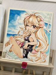 1girl ass beach blonde_hair blue_sky breasts brown_eyes clothes_pull cloud commentary day english_commentary finger_to_mouth highres horizon innertube kodomo_no_jikan kokonoe_rin long_hair looking_at_viewer one-piece_swimsuit one-piece_swimsuit_pull one_eye_closed outdoors photo_(medium) pulling_own_clothes shikishi shushing sitting sky small_breasts smile solo summer swim_ring swimsuit tan tanline traditional_media twintails very_long_hair watashiya_kaworu