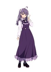 Rule 34 | 1girl, ahoge, arm at side, black bow, black bowtie, black shoes, blunt bangs, blush, bow, bowtie, brown eyes, chofu noriko, closed mouth, dress, frilled dress, frilled shirt, frills, full body, ikizulive! love live! bluebird, loafers, long dress, long hair, long sleeves, looking at viewer, love live!, official art, pinafore dress, purple dress, purple hair, shirt, shoes, simple background, sleeveless, sleeveless dress, smile, socks, solo, split mouth, standing, tabata hisayuki, tachi-e, transparent background, two side up, v, white shirt, white socks